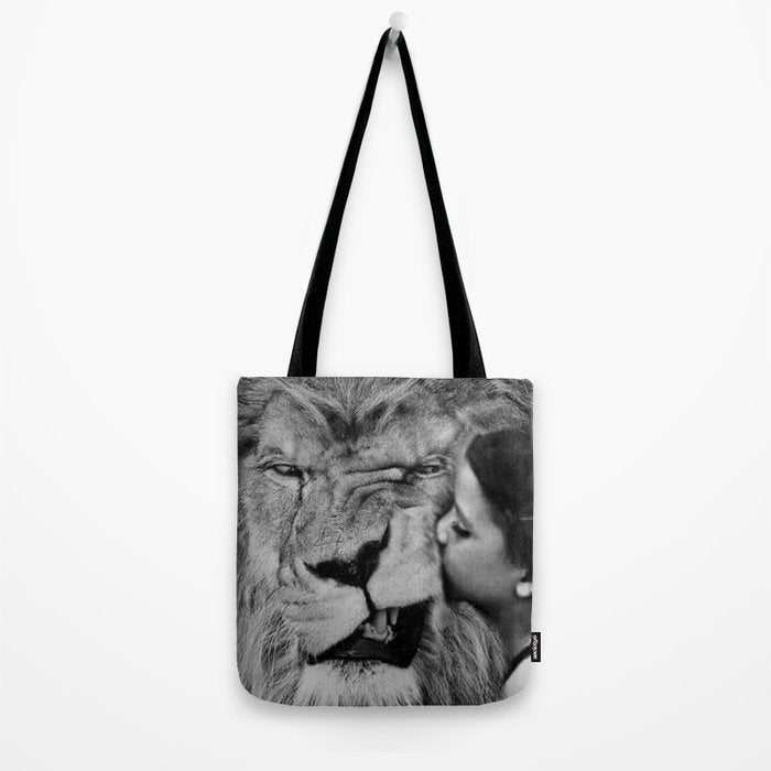 Grouchy Lion being kissed by brunette girl black and white photography Tote Bag Gallery Image 2
