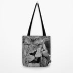 Grouchy Lion being kissed by brunette girl black and white photography Tote Bag Gallery Image 2