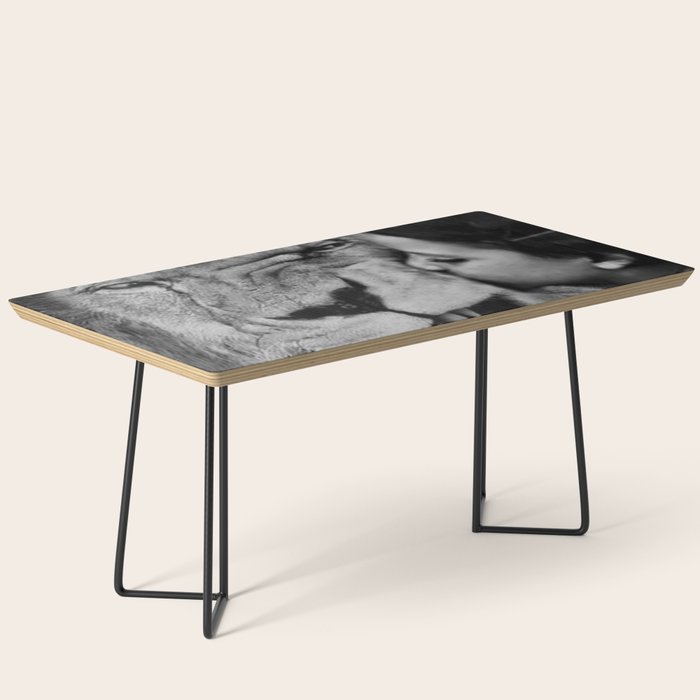 Grouchy Lion being kissed by brunette girl black and white photography Coffee Table Gallery Image 1