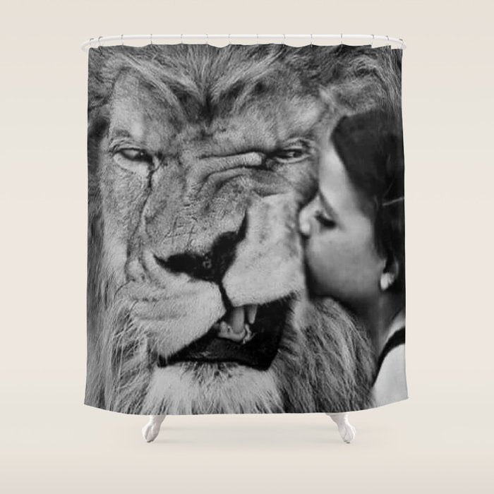 Grouchy Lion being kissed by brunette girl black and white photography Shower Curtain Gallery Image 1
