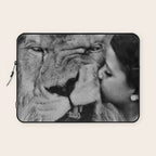 Grouchy Lion being kissed by brunette girl black and white photography Laptop Sleeve Gallery Image 1
