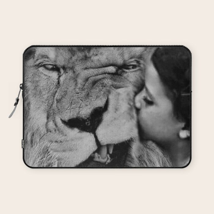 Grouchy Lion being kissed by brunette girl black and white photography Laptop Sleeve Gallery Image 1