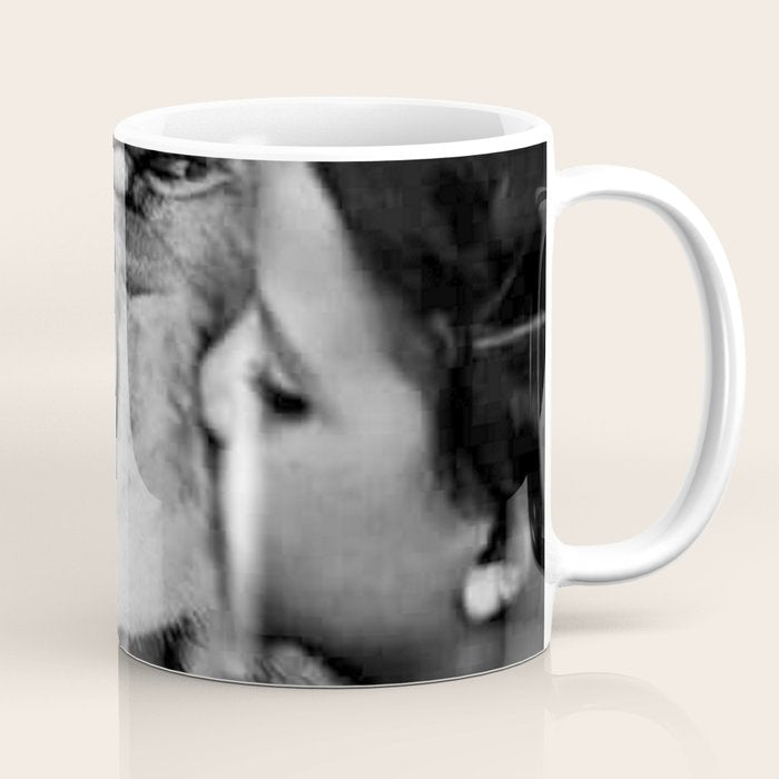 Grouchy Lion being kissed by brunette girl black and white photography Coffee Mug Gallery Image 1
