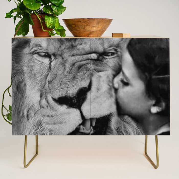 Grouchy Lion being kissed by brunette girl black and white photography Credenza Gallery Image 1