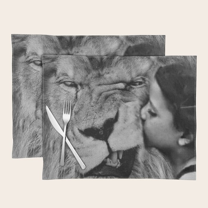 Grouchy Lion being kissed by brunette girl black and white photography Placemat Gallery Image 1