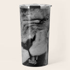 Grouchy Lion being kissed by brunette girl black and white photography Travel Mug Gallery Image 1