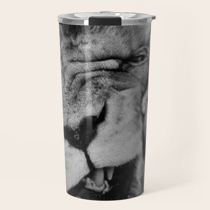 Grouchy Lion being kissed by brunette girl black and white photography Travel Mug Gallery Image 1