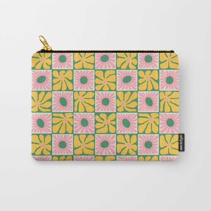 Retro checkered flower art pattern Carry All Pouch Gallery Image 1