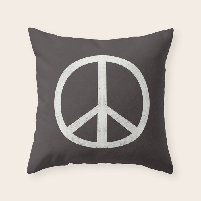 Peace - peace flag, peace, love, woodcut, linocut, vintage, hippie, happy Throw Pillow Gallery Image 1