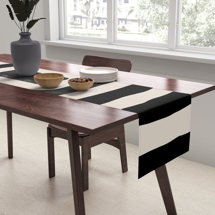 Mid Century Modern Abstract Shape 536 Black and Linen White Table Runner Gallery Image 2