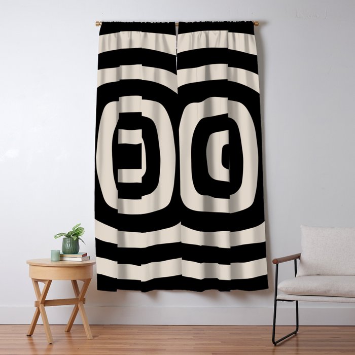 Mid Century Modern Abstract Shape 536 Black and Linen White Window Curtain Gallery Image 1