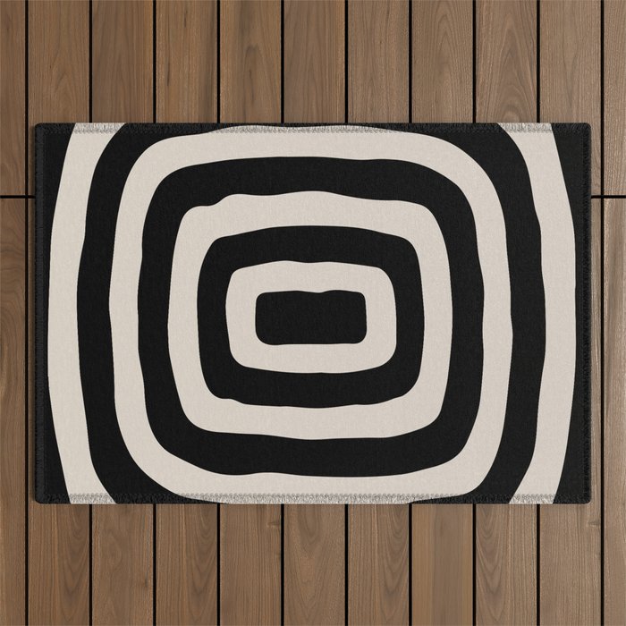 Mid Century Modern Abstract Shape 536 Black and Linen White Outdoor Rug Gallery Image 1