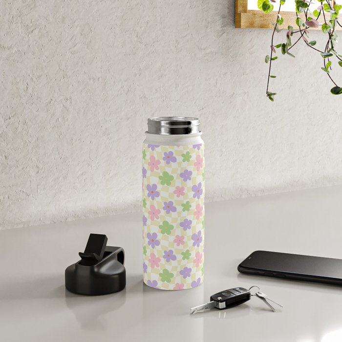 Colorful retro flower checkered pattern Water Bottle Gallery Image 4