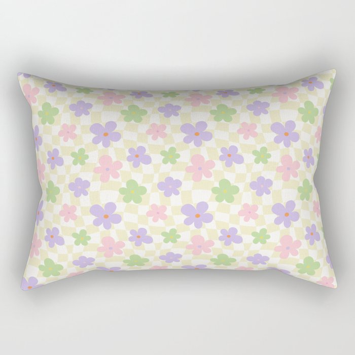 Colorful retro flower checkered pattern Rectangular Pillow Gallery Image 1