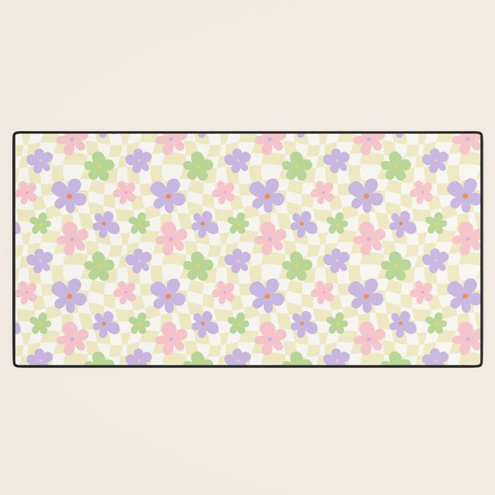 Colorful retro flower checkered pattern Desk Mat Gallery Image 3