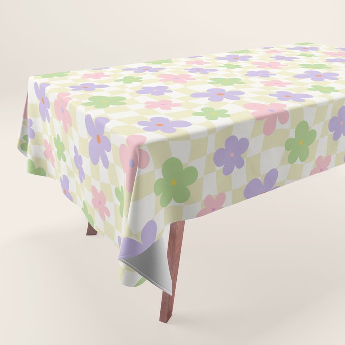 Colorful retro flower checkered pattern Tablecloth Gallery Image 1