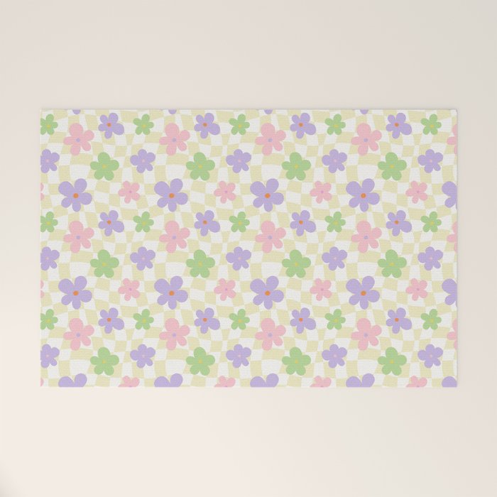Colorful retro flower checkered pattern Welcome Mat Gallery Image 1