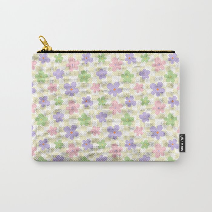 Colorful retro flower checkered pattern Carry All Pouch Gallery Image 1