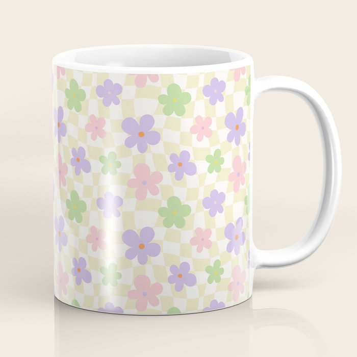 Colorful retro flower checkered pattern Coffee Mug Gallery Image 1