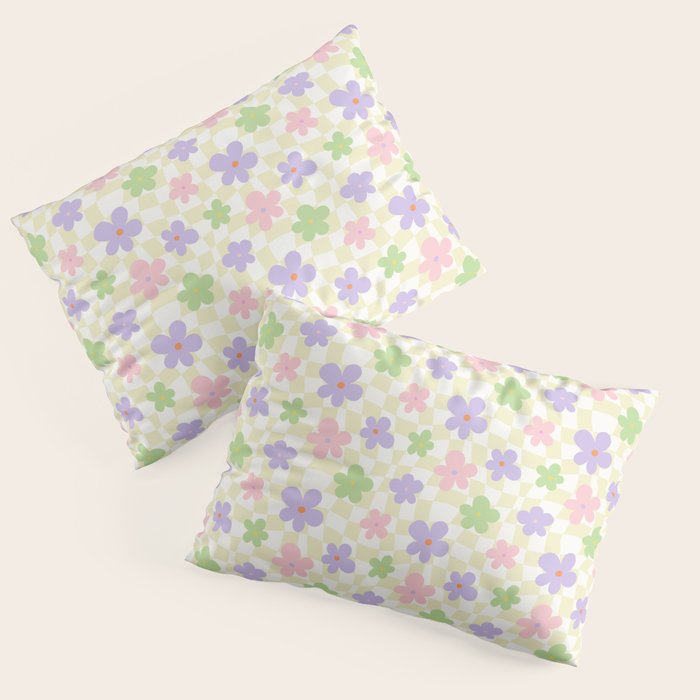Colorful retro flower checkered pattern Pillow Sham Gallery Image 3