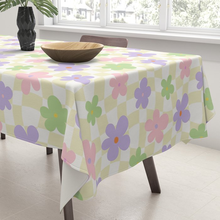 Colorful retro flower checkered pattern Tablecloth Gallery Image 3