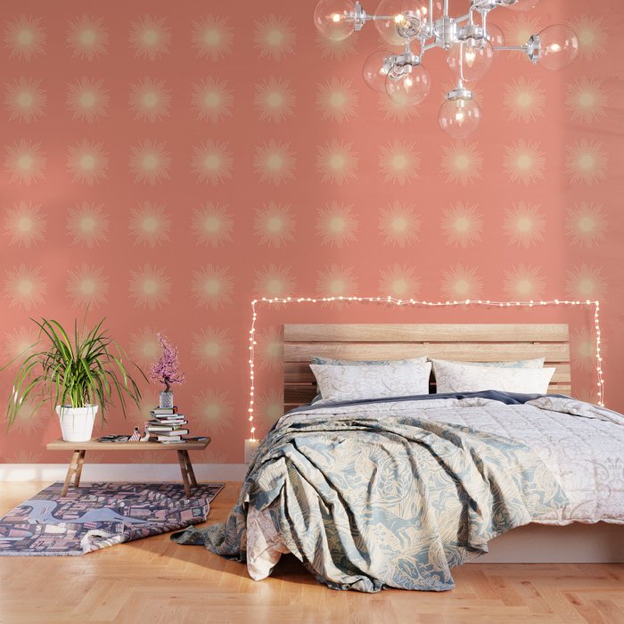 Mid Century Modern Minimalist Sunburst in Salmon Blush Pink and Cream Wallpaper Gallery Image 1