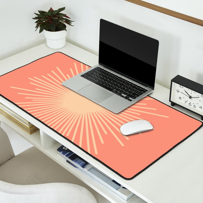 Mid Century Modern Minimalist Sunburst in Salmon Blush Pink and Cream Desk Mat Gallery Image 2