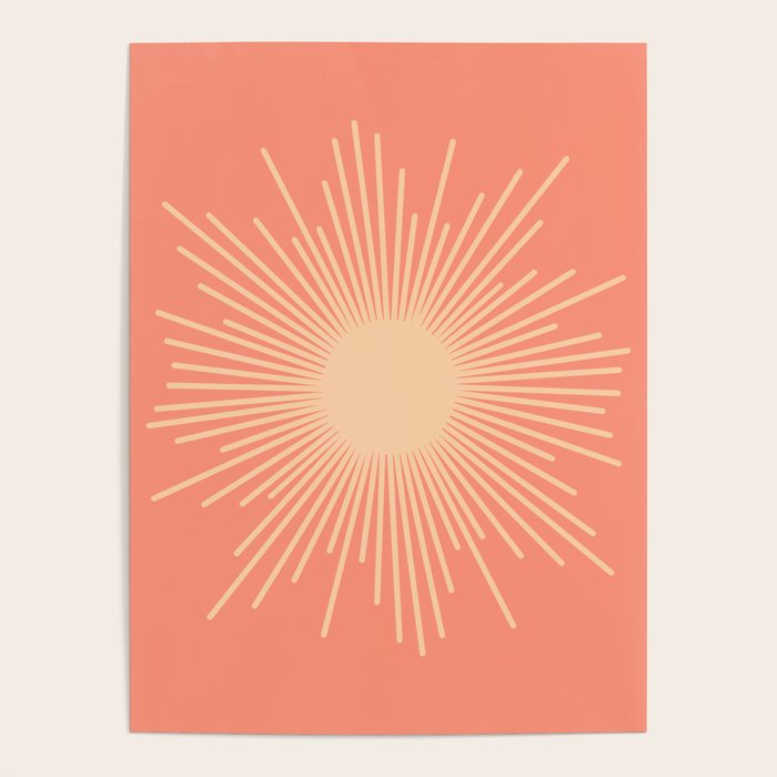 Mid Century Modern Minimalist Sunburst in Salmon Blush Pink and Cream Poster Gallery Image 1