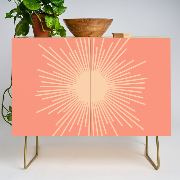 Mid Century Modern Minimalist Sunburst in Salmon Blush Pink and Cream Credenza Gallery Image 1