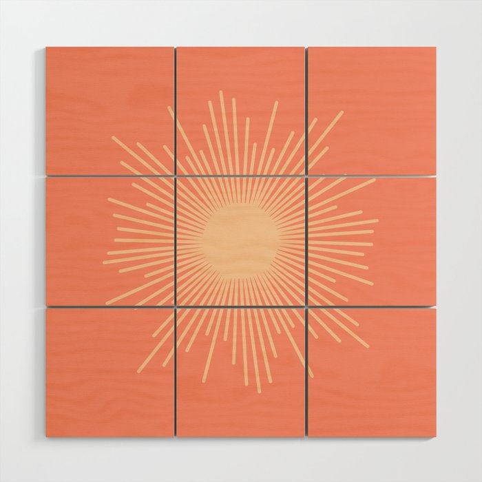 Mid Century Modern Minimalist Sunburst in Salmon Blush Pink and Cream Wood Wall Art Gallery Image 1