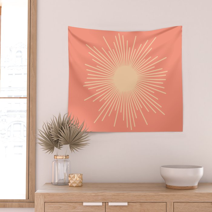 Mid Century Modern Minimalist Sunburst in Salmon Blush Pink and Cream Wall Tapestry Gallery Image 2