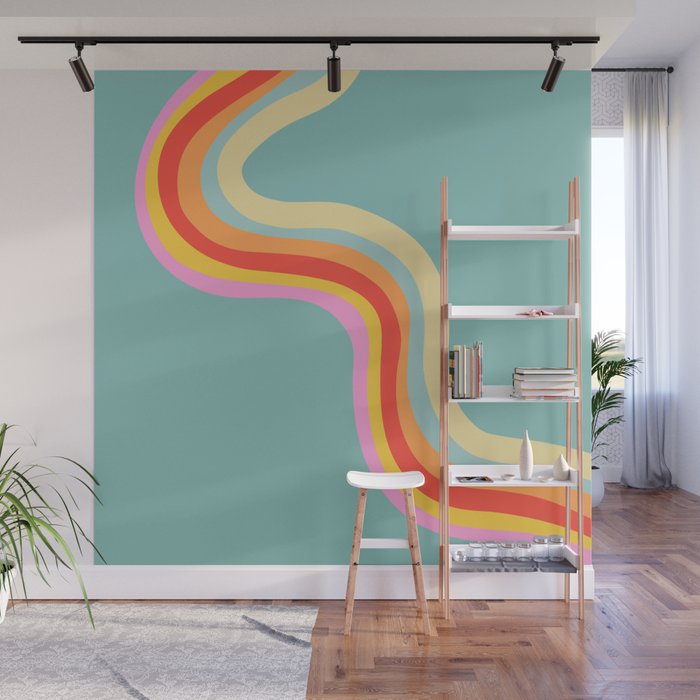 Groovy 70s Retro Rainbow Flow on Blue Wall Mural Gallery Image 1