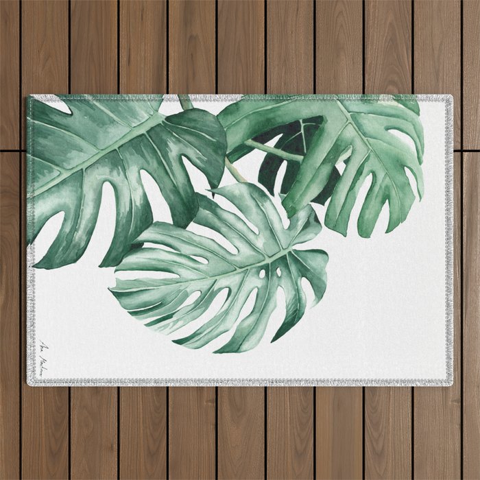Watercolor monstera leaves Outdoor Rug Gallery Image 1