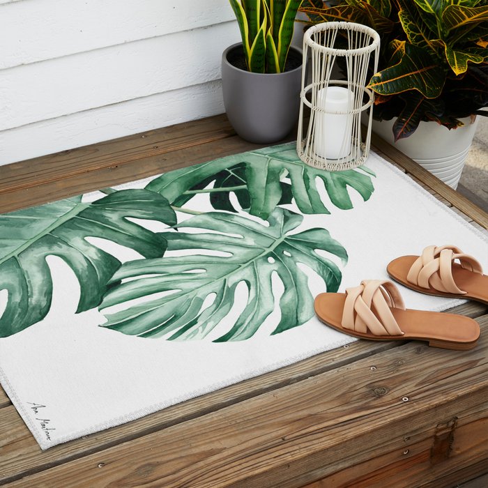 Watercolor monstera leaves Outdoor Rug Gallery Image 2