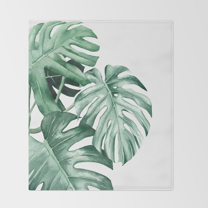 Watercolor monstera leaves Throw Blanket Gallery Image 2