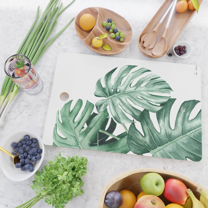 Watercolor monstera leaves Cutting Board Gallery Image 2