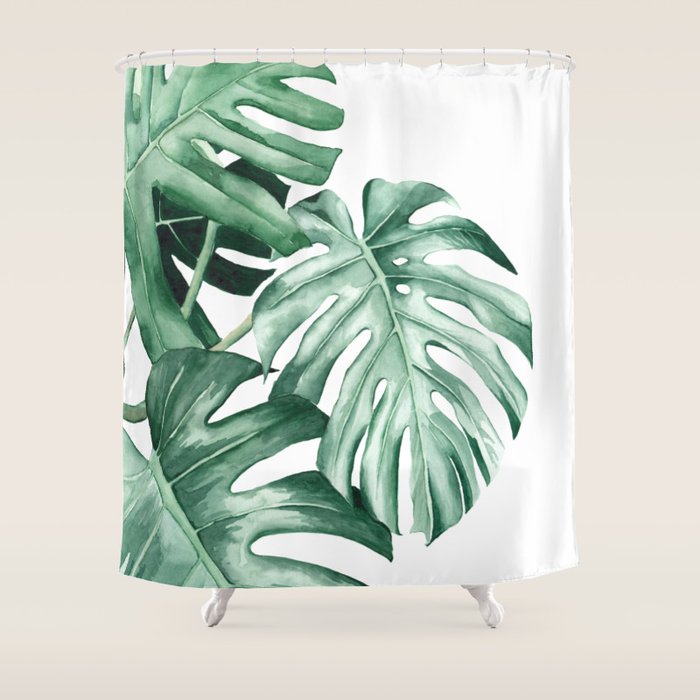 Watercolor monstera leaves Shower Curtain Gallery Image 1