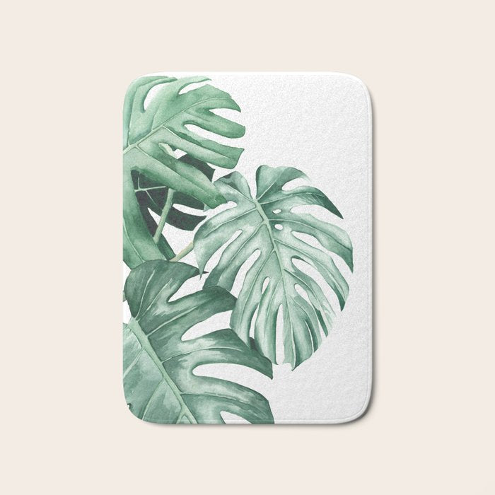 Watercolor monstera leaves Bath Mat Gallery Image 1