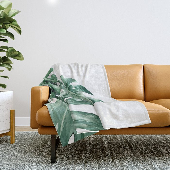 Watercolor monstera leaves Throw Blanket Gallery Image 1
