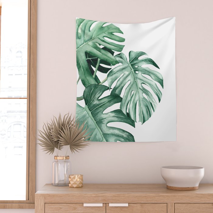Watercolor monstera leaves Wall Tapestry Gallery Image 2