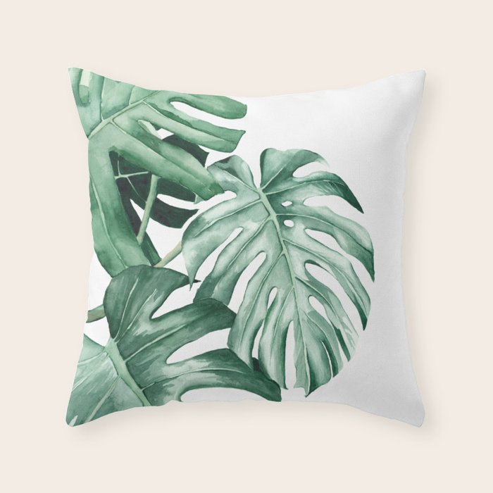 Watercolor monstera leaves Throw Pillow Gallery Image 1