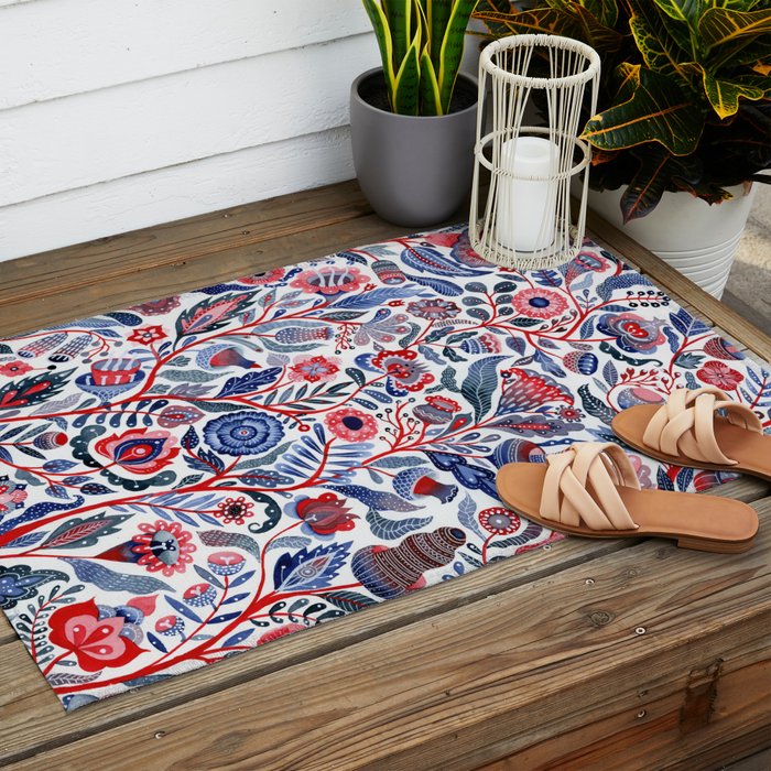 Botanical in red and blue Outdoor Rug Gallery Image 2