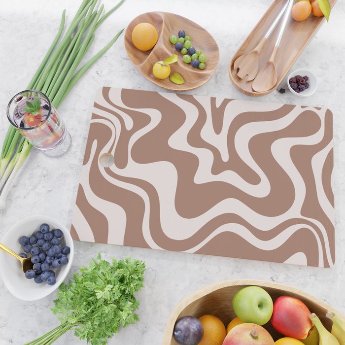 Retro Liquid Swirl Contemporary Abstract Pattern Mocha Latte Brown Cutting Board Gallery Image 2