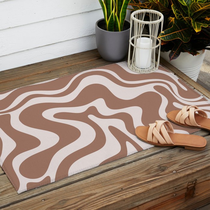 Retro Liquid Swirl Contemporary Abstract Pattern Mocha Latte Brown Outdoor Rug Gallery Image 2