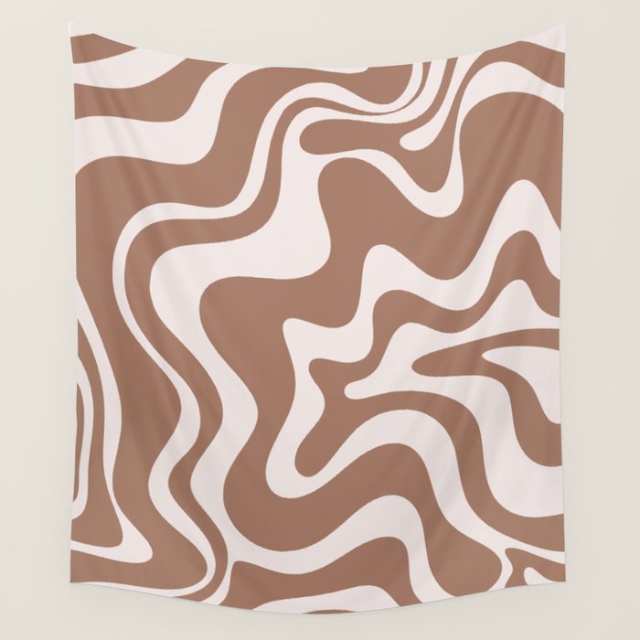 Retro Liquid Swirl Contemporary Abstract Pattern Mocha Latte Brown Wall Tapestry Gallery Image 4