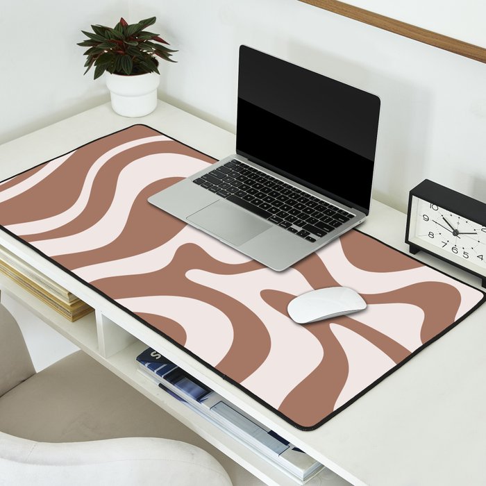 Retro Liquid Swirl Contemporary Abstract Pattern Mocha Latte Brown Desk Mat Gallery Image 2