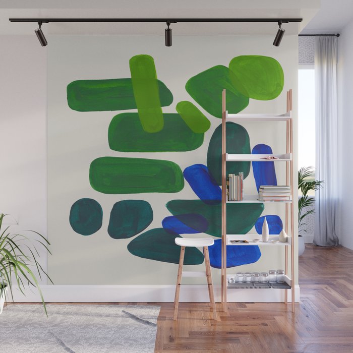 Minimalist Modern Mid Century Colorful Abstract Shapes Phthalo Blue Lime Green Gradient Overlapping Wall Mural Gallery Image 1