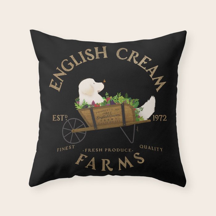 English Cream Golden Retriever Dog Farm Cart Vintage Style Art Throw Pillow Gallery Image 1