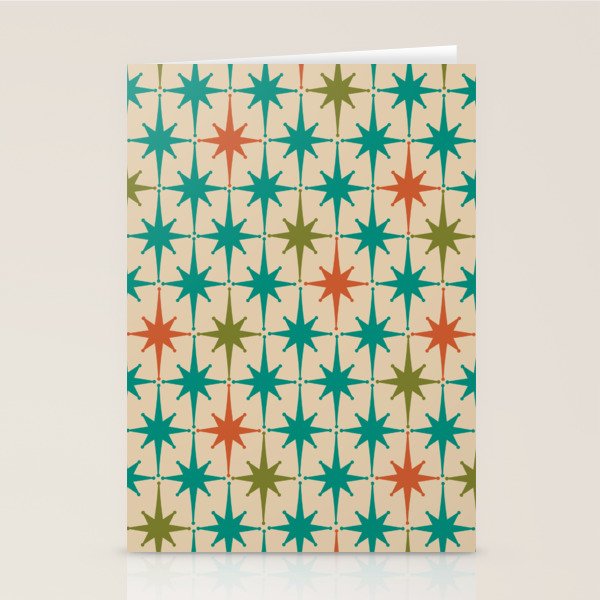 Atomic Age Retro Starburst Mid-century Modern Pattern in Mid Mod Turquoise, Orange, Olive, and Beige Stationery Card Gallery Image 2