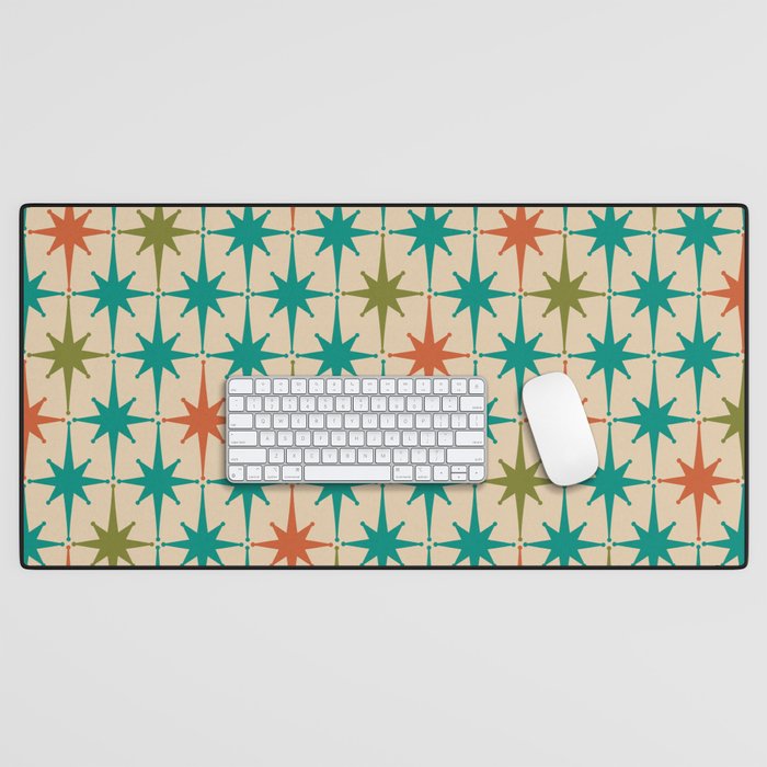 Atomic Age Retro Starburst Mid-century Modern Pattern in Mid Mod Turquoise, Orange, Olive, and Beige Desk Mat Gallery Image 1